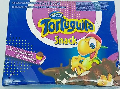 Chocolate ao Leite com recheio de baunilha e brigadeiro caixa com 24 unidades de 28g - Tortuguita Snack