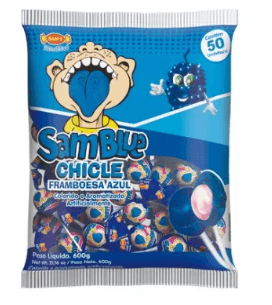 Pirulito com chiclete sabor framboesa azul pacote com 600g - Sam blue