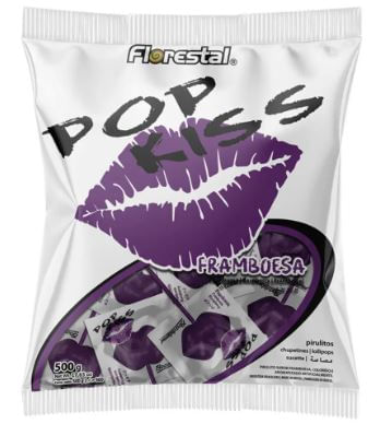 Pirulito sabor framboesa pacote com 500g - Pop kiss