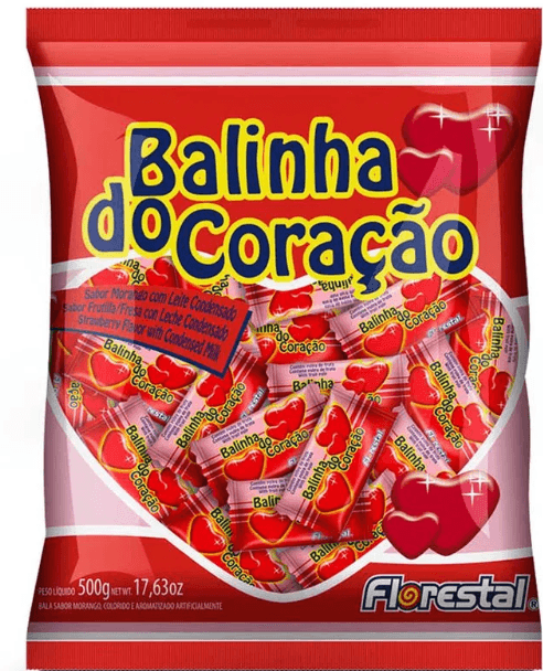 Bala de coração sabor morango pacote 500g - Florestal