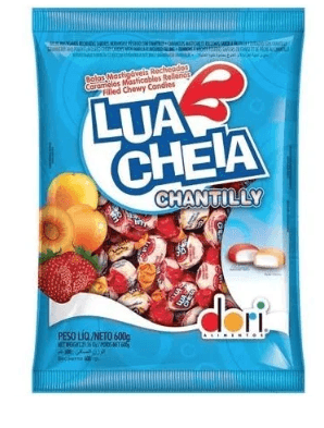 Bala Lua Cheia sabor morango e pêssego com chantilly Pacote com 600g - Dori