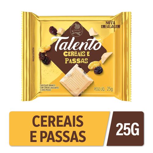 Barra de chocolate branco sabor cereais e passas com 25g - Talento