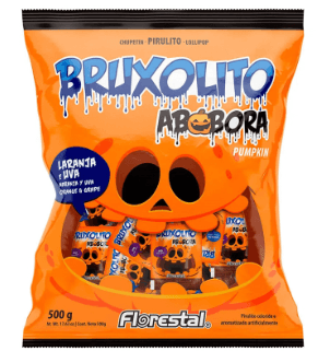 Pirulito bruxolito em formato de abobora sabores sortidos laranja e uva pacote com 500g - Florestal