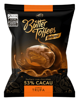 Bala de caramelo com cacau recheada com chocolate amargo 53% cacau  sabor trufa Pacote com 500g - Butter Toffees