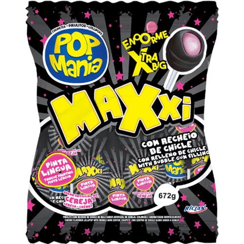 Pirulito Pop Mania Maxxi sabor cereja pacote de 672g - Riclan