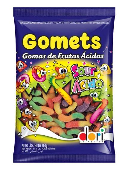 Bala de goma minhoca ácida sabor sortido  com 600g - Gomet's