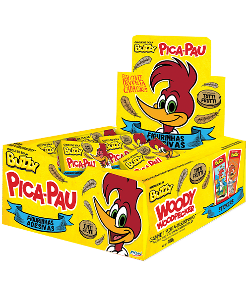 Chiclete Pica-Pau com tatuagem sabor tutti frutti caixa com 360g - Buzzy