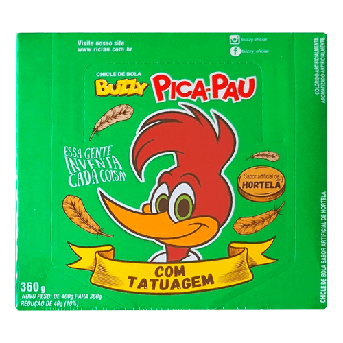 Chiclete Pica-Pau com tatuagem sabor hortelã caixa com 360g - Buzzy