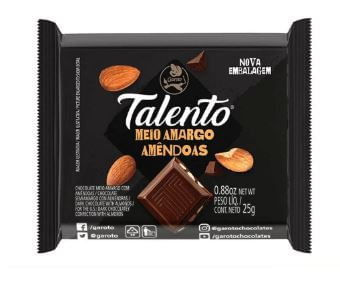 Mini barra de chocolate sabor meio amargo com amêndoas com 25g - Talento