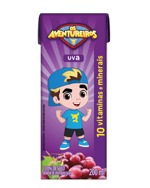 Refresco saborizado com fruta adoçado sabor Uva com 200ml - Os Aventureiros