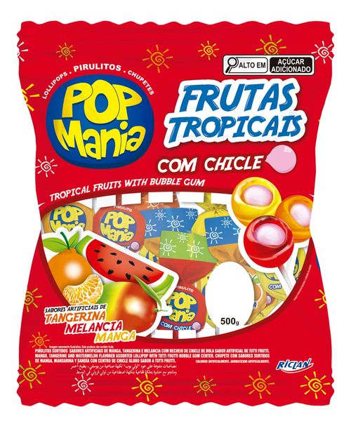 Pirulito Pop Mania Frutas Tropicais com chiclé-pacote de 500g- Riclan