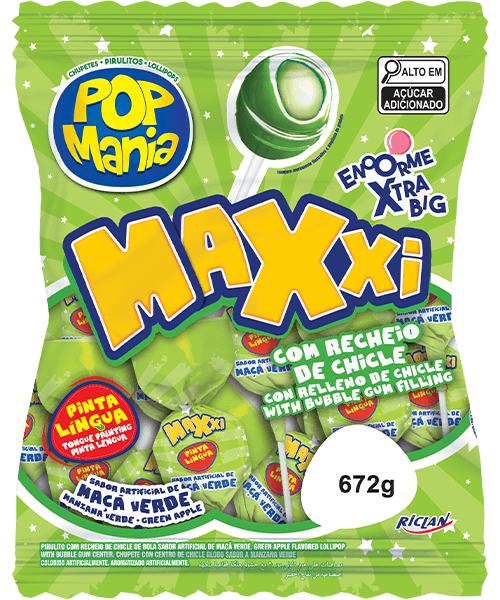 Pirulito Pop Mania Maxxi sabor maça verde com recheio de chiclete  pacote de 672g - Pop Mania