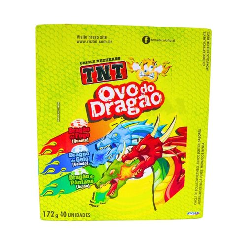 Chicletes recheado sabor sortido artificiais de maça verde,morango e menta com 40 unidades de 170g - TNT Ovo do Dragão
