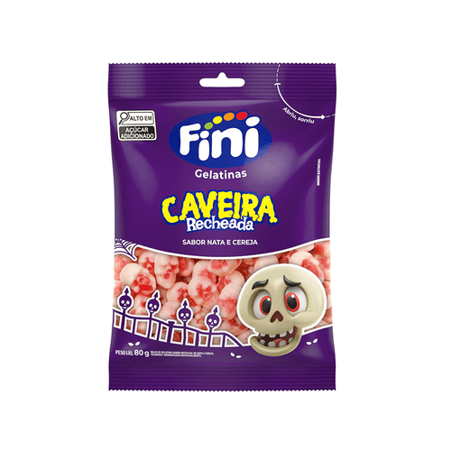 Bala de gelatina Caveira recheada sabor nata e cereja pacote com 80g - Fini