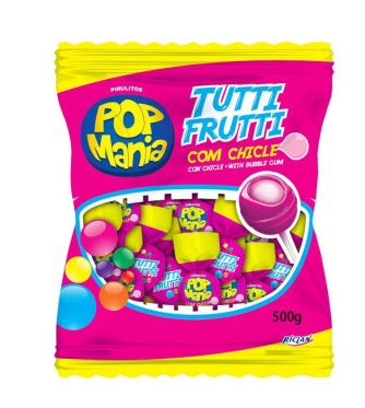 Pirulito sabor Tutti-frutti com Chicle Pacote com 500g - Pop Mania