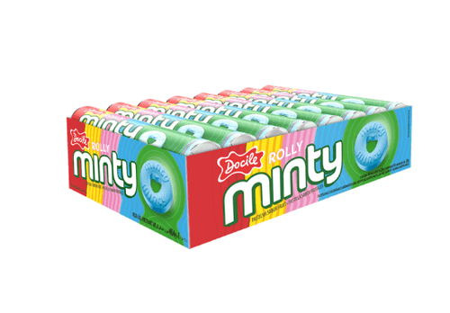 Pastilha Rolly Minty sabor fruit caixa de embarque com 24 caixinhas com 16 unidades de 29g - Docile