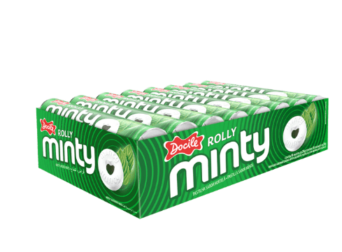 Pastilha Rolly Minty sabor menta caixa de embarque com 24 caixinhas com 16 unidades de 29g - Docile