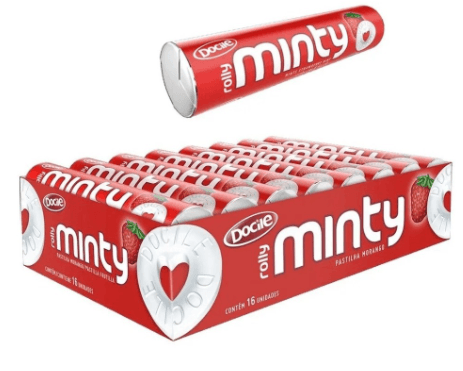 Pastilha Rolly Minty sabor morango caixa de embarque com 24 caixinhas com 16 unidades de 29g - Docile