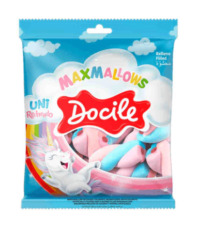 Maxmallows Twist unicórnio recheado caixa de embarque com 12 pacotes de 220g - Docile