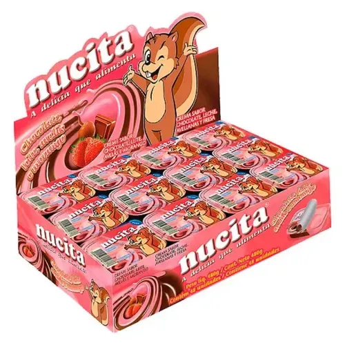Creme sabor chocolate e sabor artificial de Avelãs e Morango com 48 unidades de 10g cada - Nucita