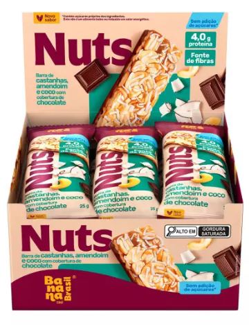 Barra de castanhas e amendoim e coco com cobertura de chocolate caixa com 12 unidades - NutsBar