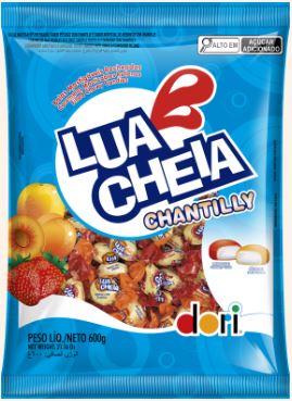 Bala Lua Cheia sabor morango e pêssego com chantilly Pacote com 500g - Dori