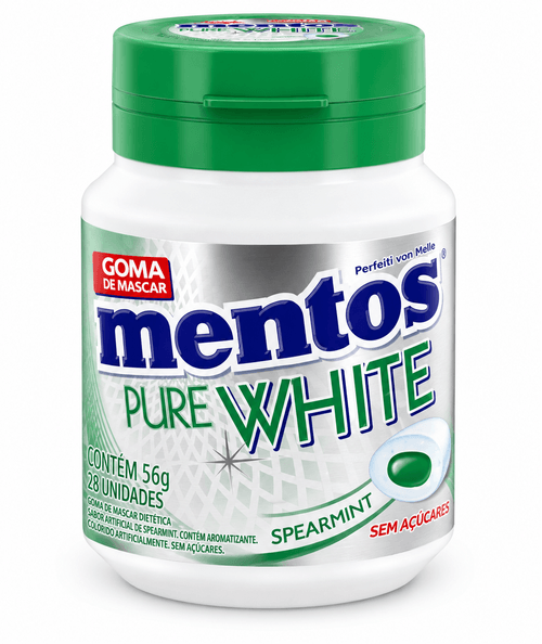 Goma de Mascar Mentos Pure White Garrafa Spearmint 56g