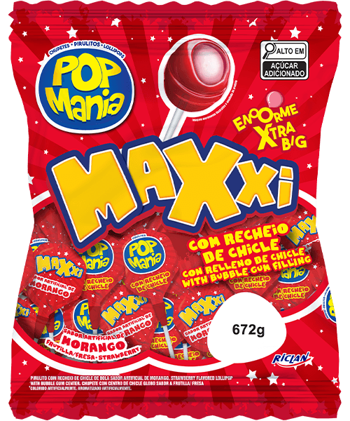 Pirulito Maxxi sabor Morango com recheio de chiclete Pacote com 672g - Pop Mania